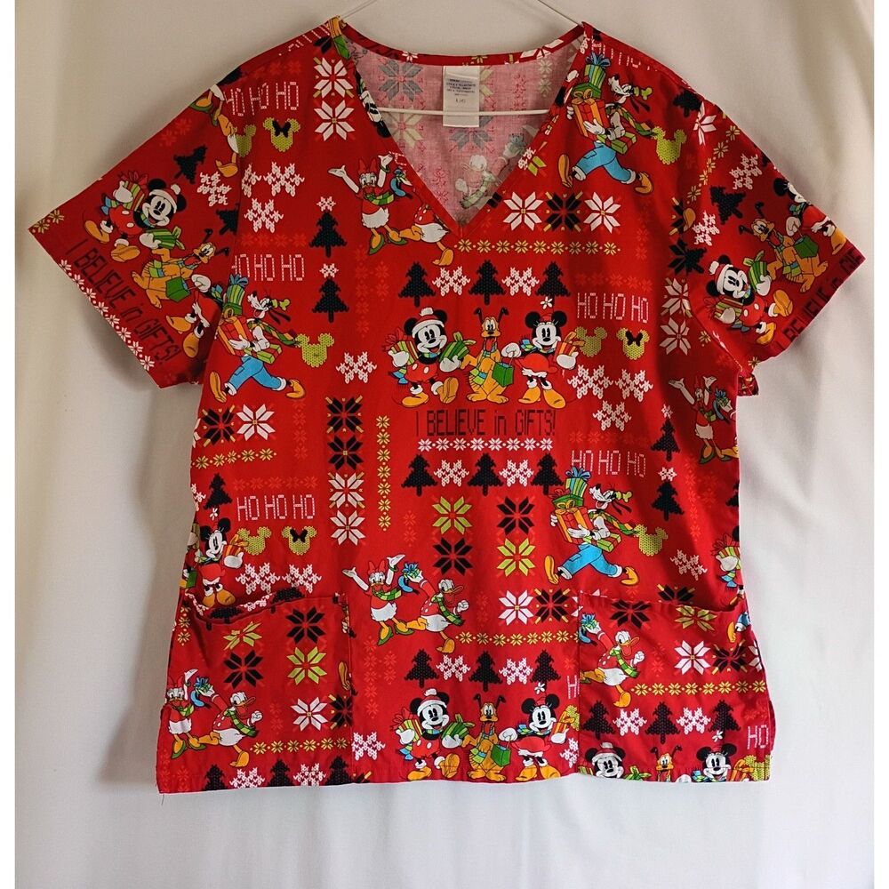 Disney Minnie Mouse & Friends Medical Scrub Top 100% Cotton Christmas Sz Large